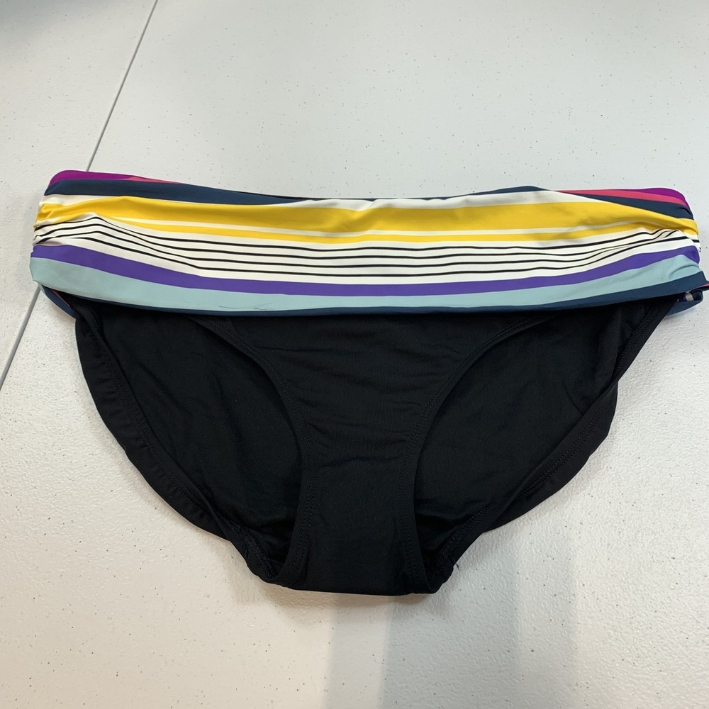 Anne‎ Cole Women's Swim Bikini Bottom XL Black Striped Fold Over Band Multicolor